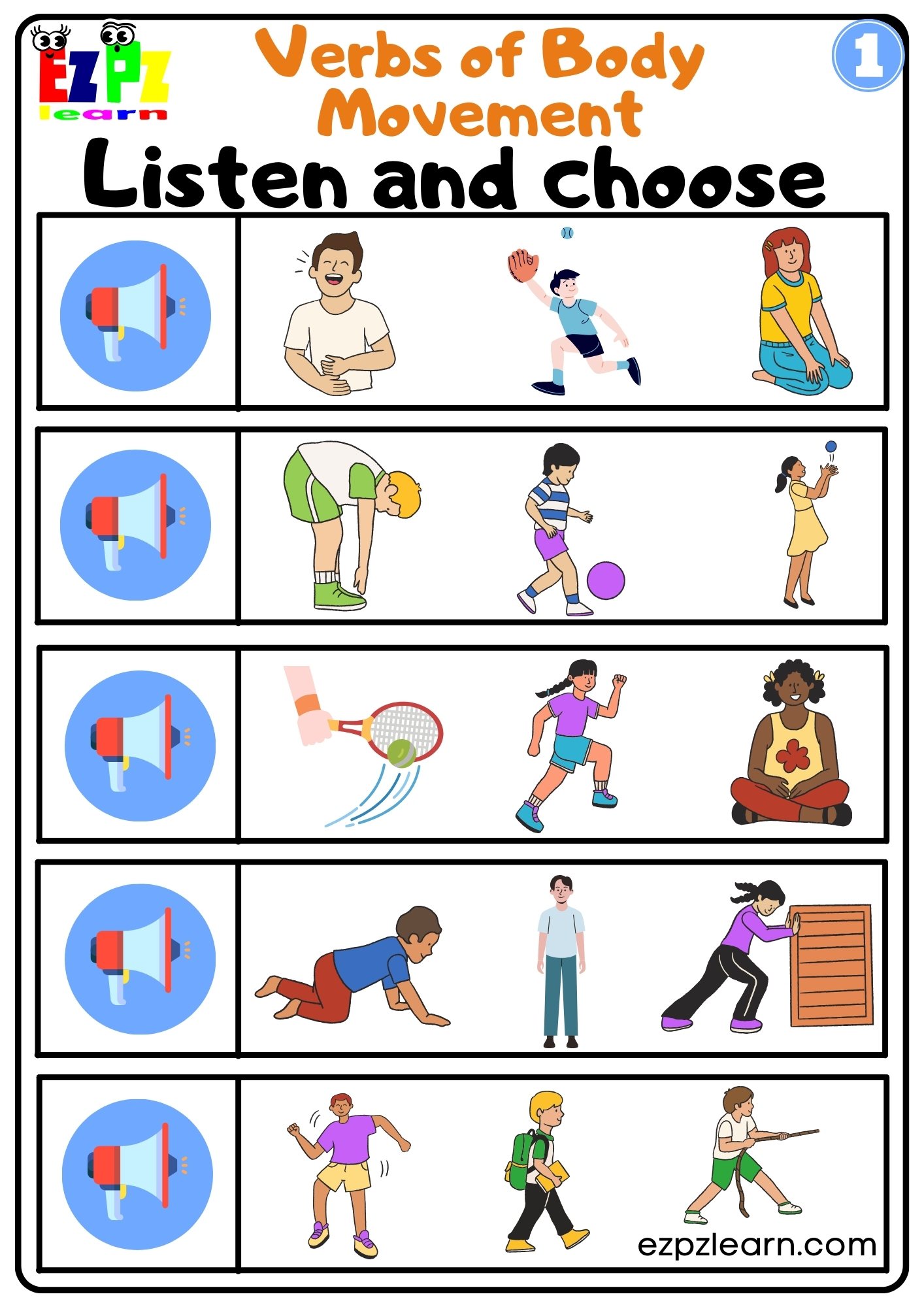 Verbs of Body Movement Interactive Vocabulary Worksheet Listen and Choose the Correct Images for Kids K3 and ESL Students Ezpzlearn